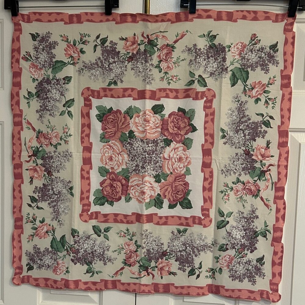 Vintage 1990s Cabbage Rose and Lilac Cotton Table Coverlet Tablecloth Handmade